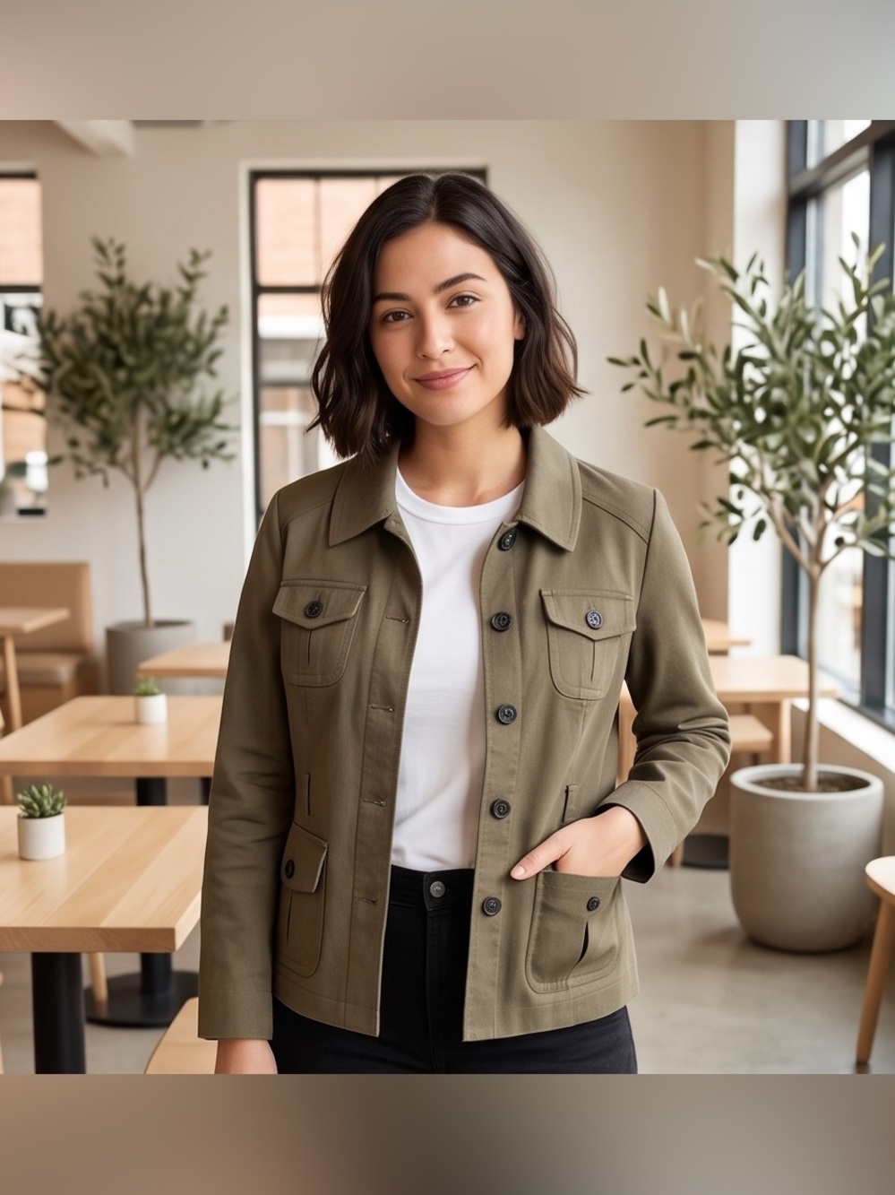 Ann Taylor Loft Cotton Jacket Army Green Cropped Utility Military Button Up 18